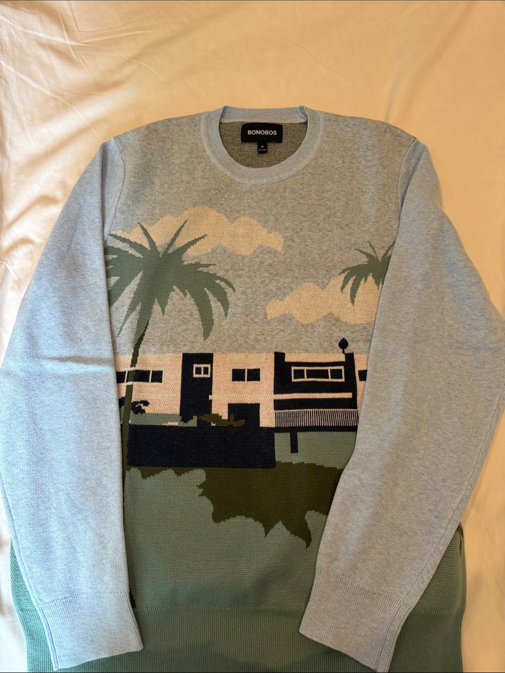 Bonobos Light Blue Crewneck Sweater with Palm & House Motif